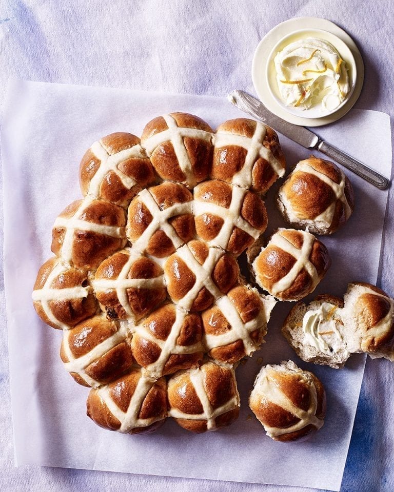 Hot cross buns with marmalade vodka whipped butter