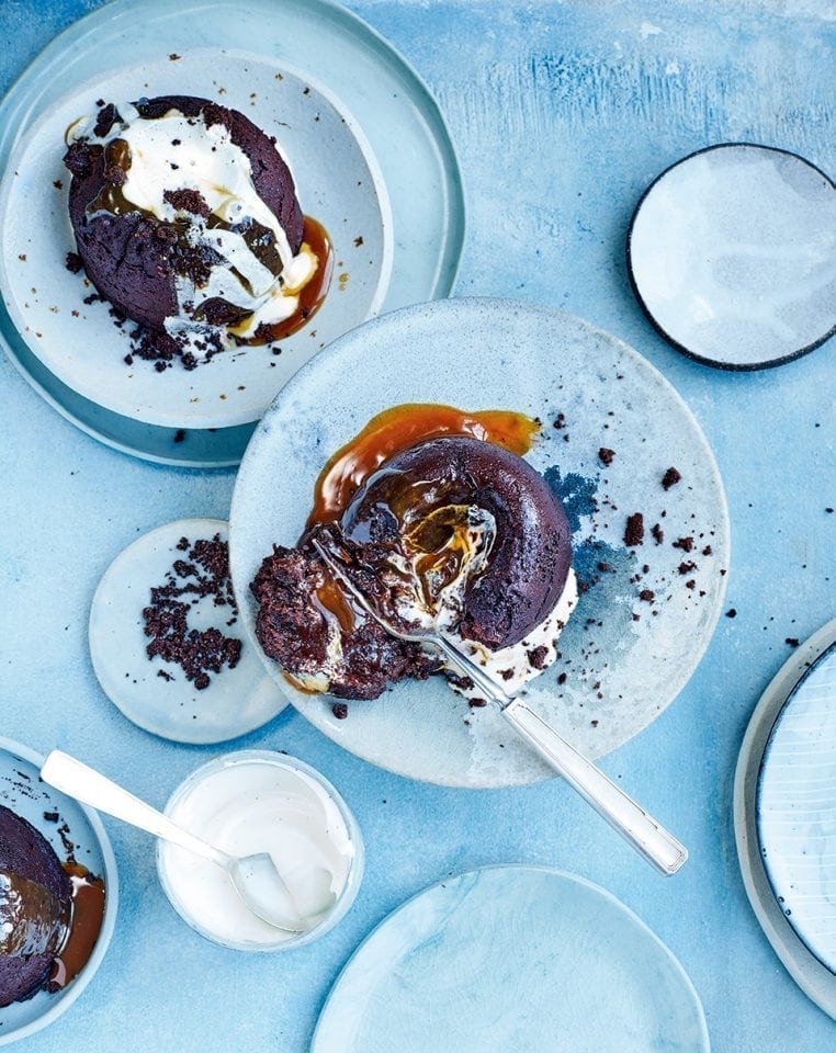 Chocolate fondants with salted caramel sauce