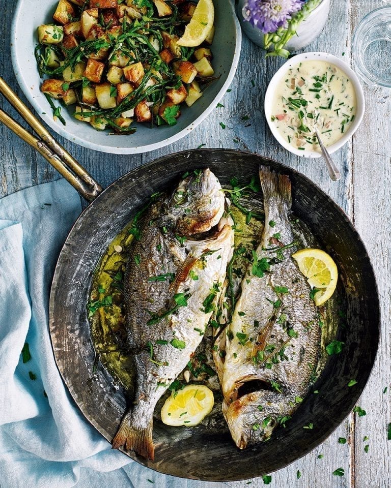 Roast sea bream with crunchy potatoes and samphire