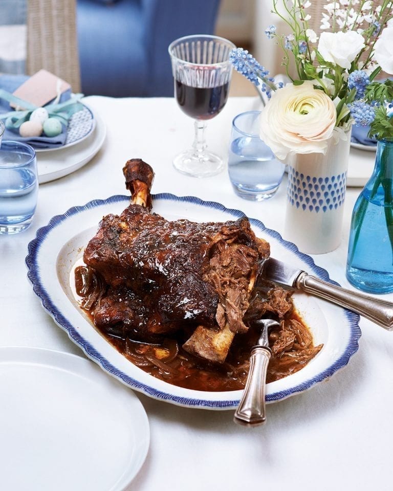 Maple and spice slow-roasted shoulder of lamb with onion jus