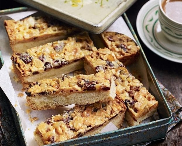 Shortbread with a florentine topping shown in a tray