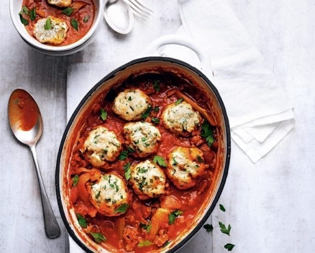 Sausage ragù with parsley dumplings