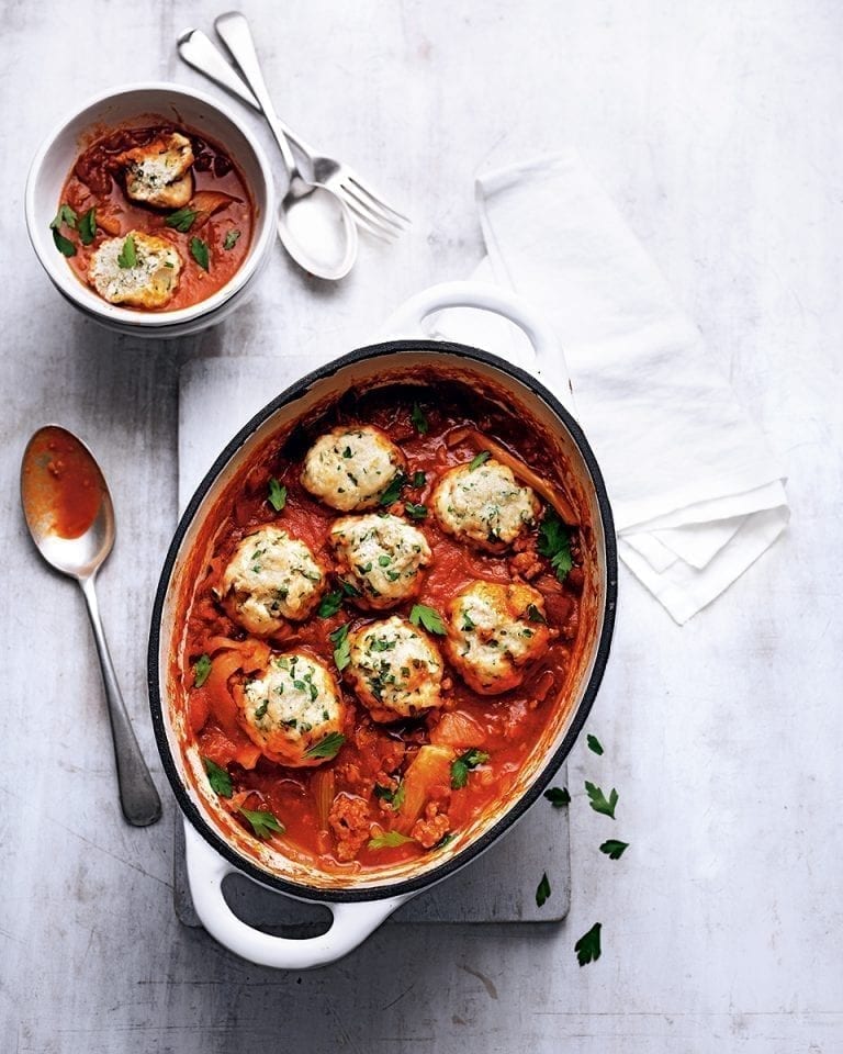 Sausage ragù with parsley dumplings