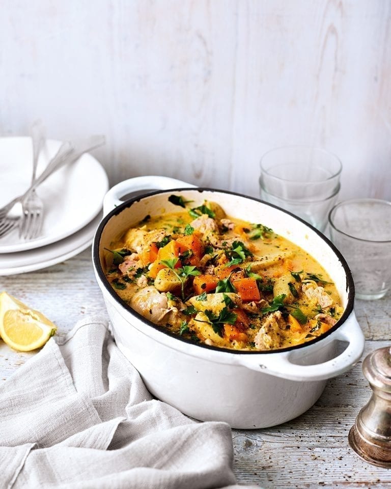 Chicken, cider and vegetable casserole