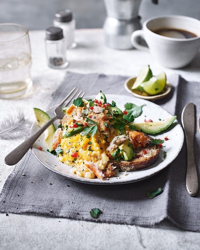 Scrambled eggs with avocado and salmon salsa