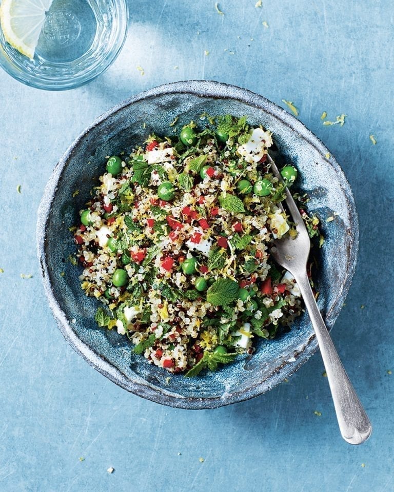 Quinoa salad with feta, pea and mint