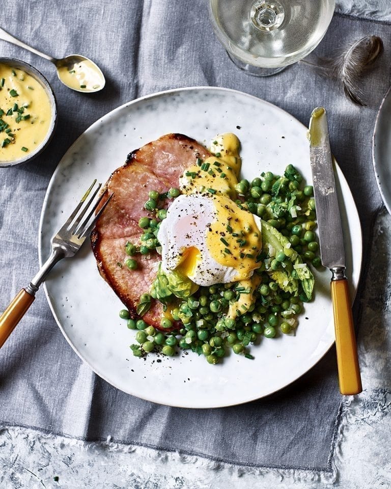 Grilled gammon steaks with peas, herb hollandaise and poached eggs