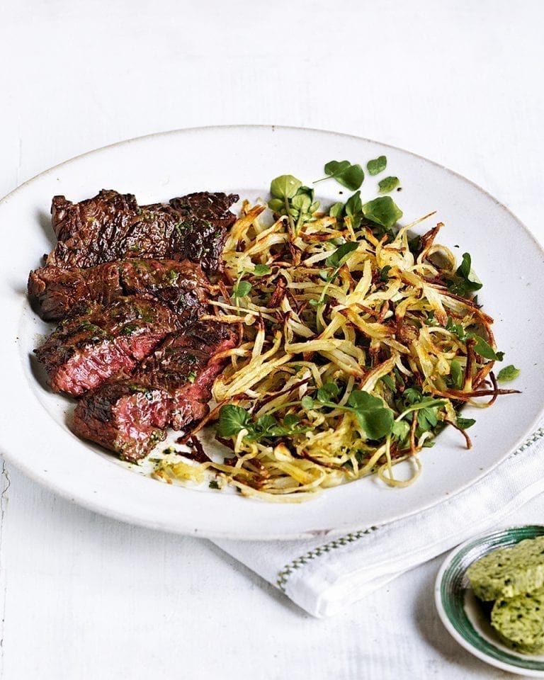 Onglet steak with watercress butter and shoestring potatoes