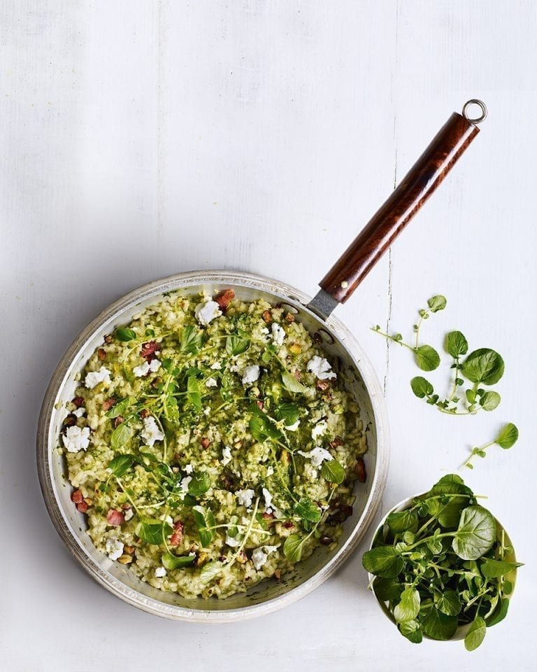 Watercress risotto with goat’s cheese and bacon