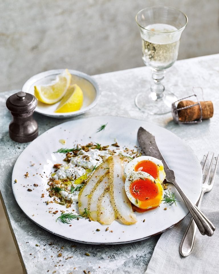 Soft-boiled eggs, dill sauce and smoked halibut with toasted fennel crumb