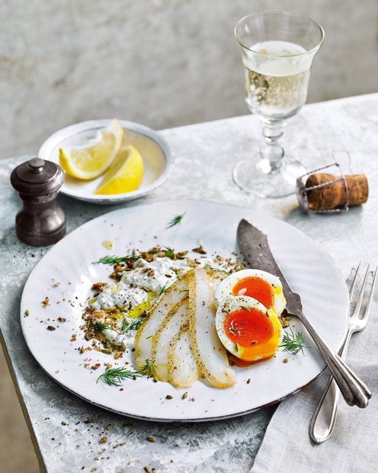 Softboiled eggs, dill sauce and smoked halibut with toasted fennel crumb recipe delicious