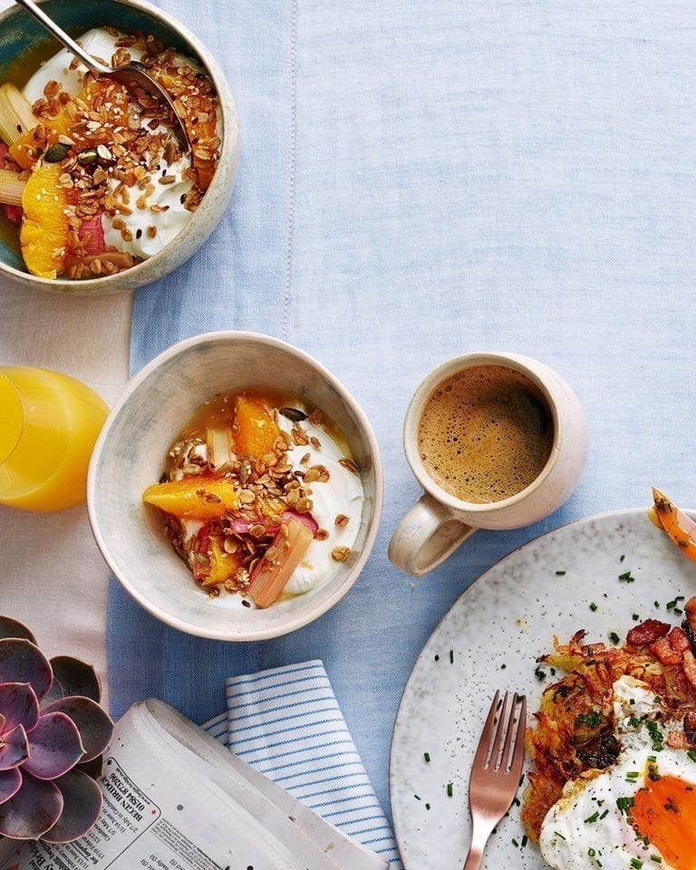 Roasted rhubarb and oaty crumble with greek yogurt