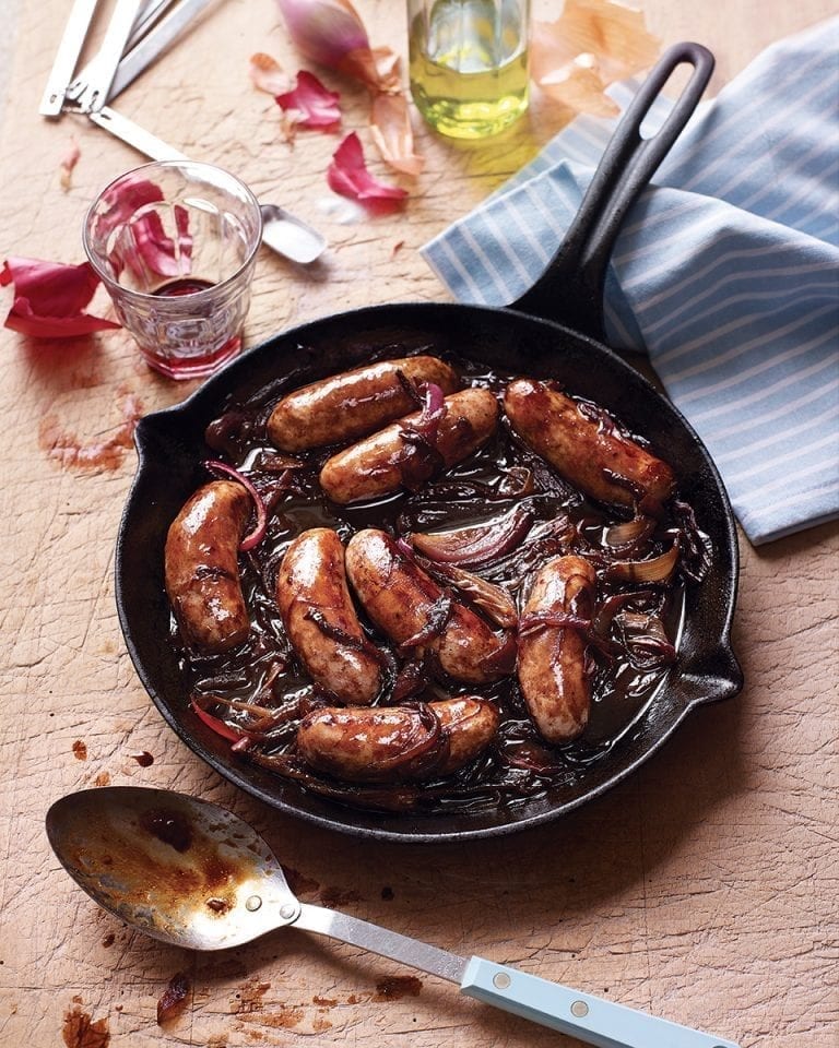 Sticky glazed balsamic onions with sausages