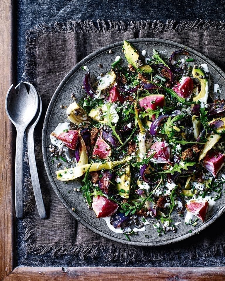 Lentil and roasted vegetable salad with buttermilk dressing