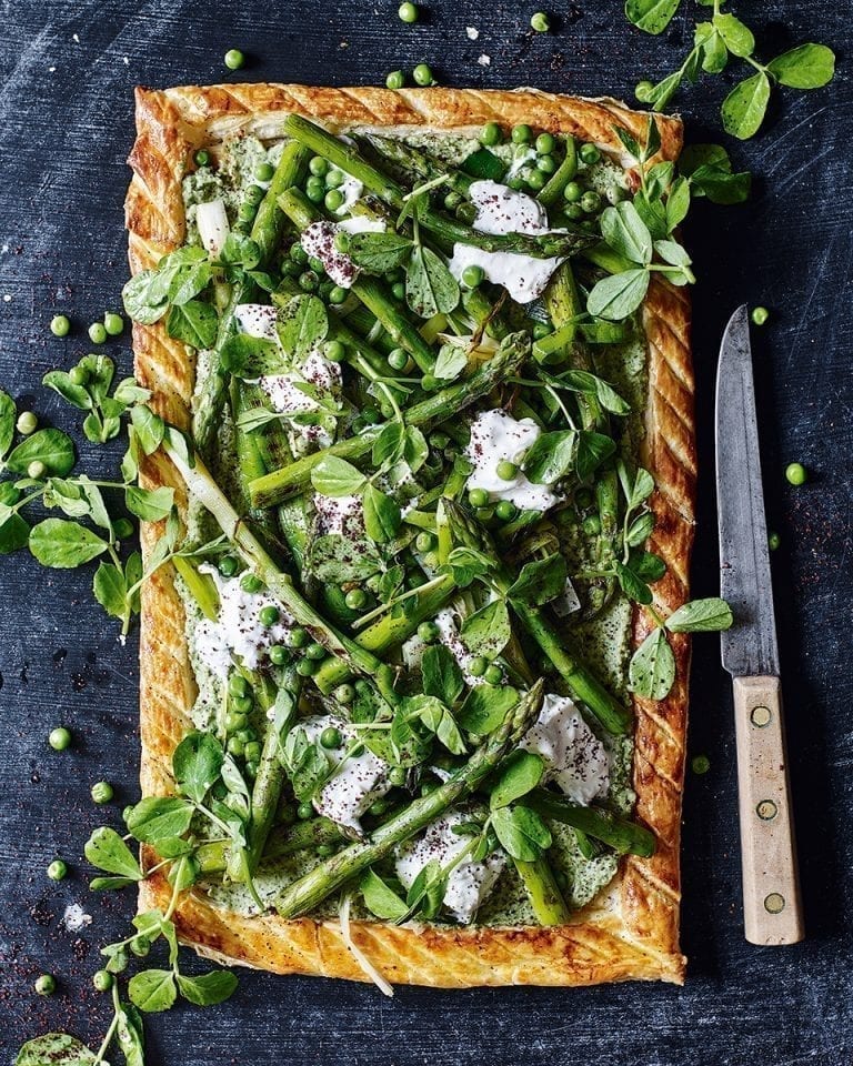 Asparagus, pea shoot and butter bean tart