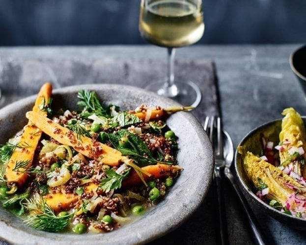 Spring vegetable stew with pickled little gems
