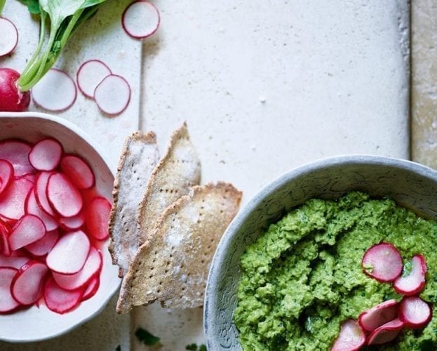 Pickles radishes with pea and broad bean houmous