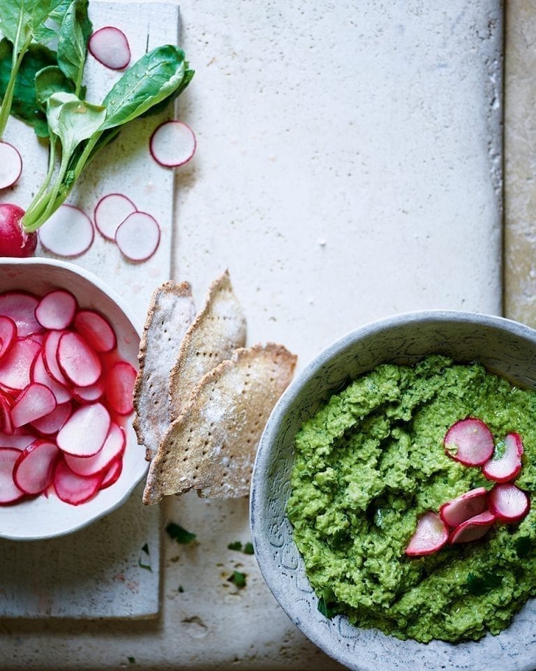 Pickled radishes with pea and broad bean houmous and knackebrod