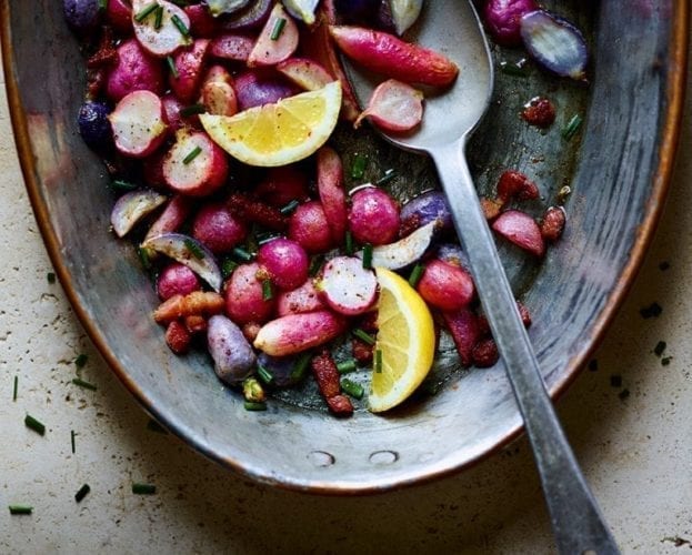 Roasted radishes in brown anchovy butter