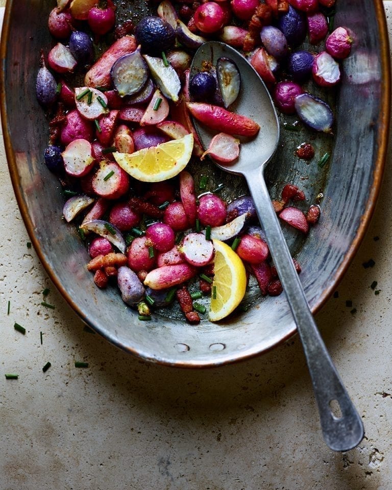 Roasted radishes in brown anchovy butter