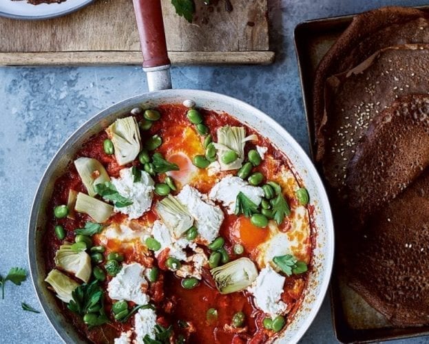 Naomi Devlin's shakshuka with broad beans and labneh