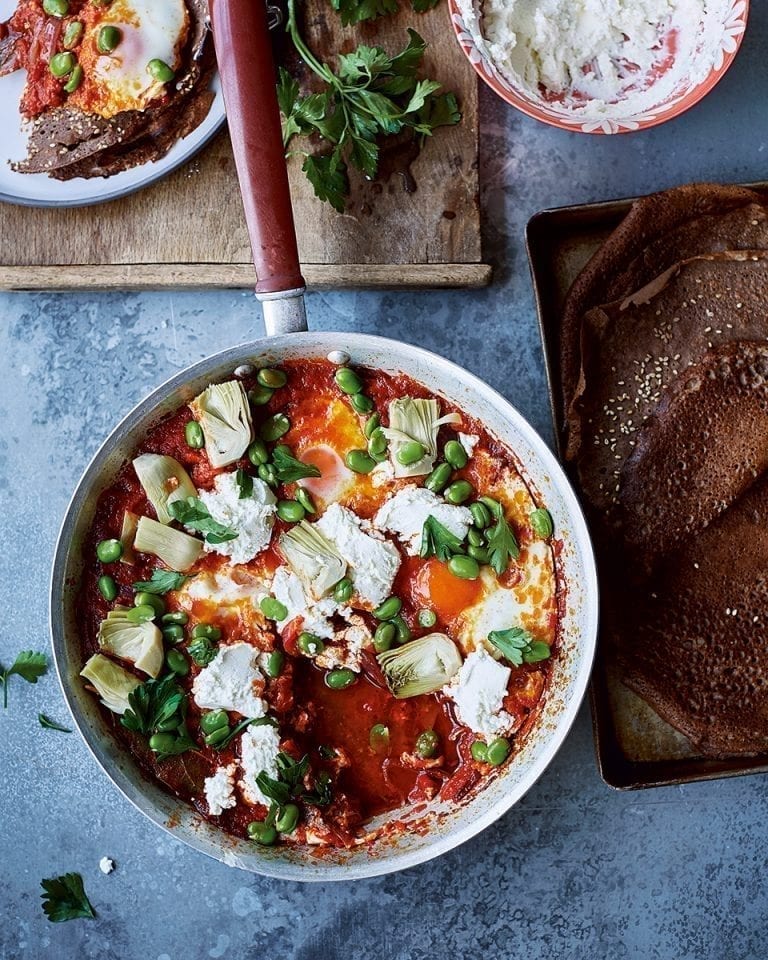 Shakshuka with broad beans and labneh