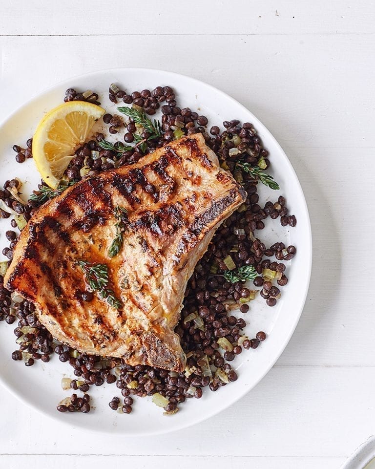 Lemon and thyme pork chops with lentils