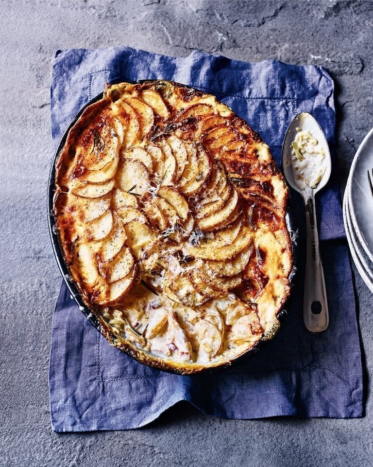 Smoked haddock and bacon potato gratin