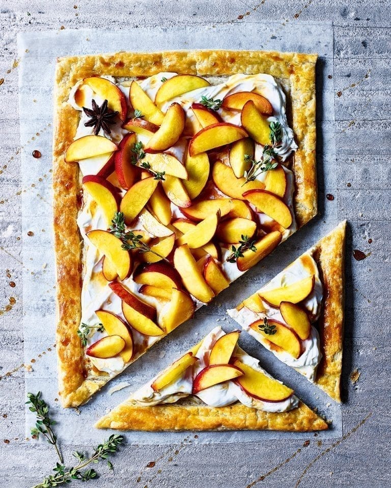 Rough puff mascarpone tart with boozy peaches