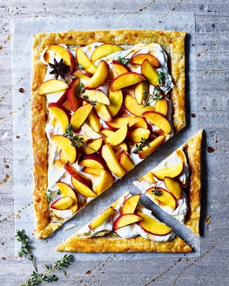 Mascarpone tart with boozy peaches recipe | delicious. magazine