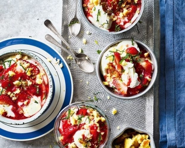 Strawberry and elderflower fool with lemon biscuits