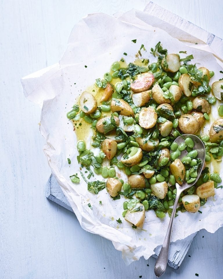 Buttery jersey royal potatoes with broad beans, mint and lemon