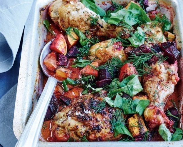 Brined roast chicken with a classic waldorf salad