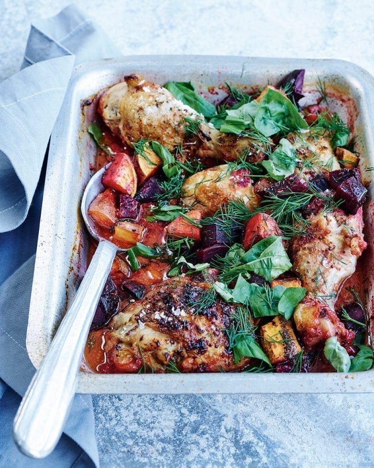 One-pan roast chicken, beetroot and mascarpone recipe | delicious. magazine