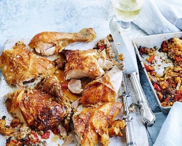 Roast chicken with sausage stuffing