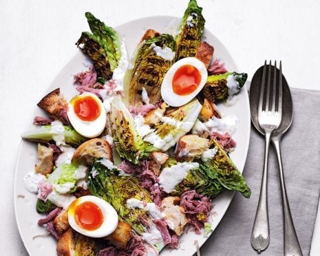Griddled little gem and ham hock caesar salad