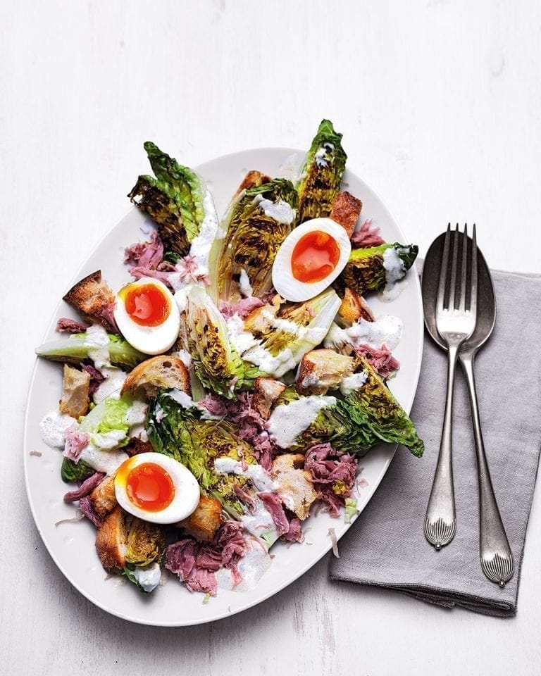 Griddled little gem and ham hock caesar salad