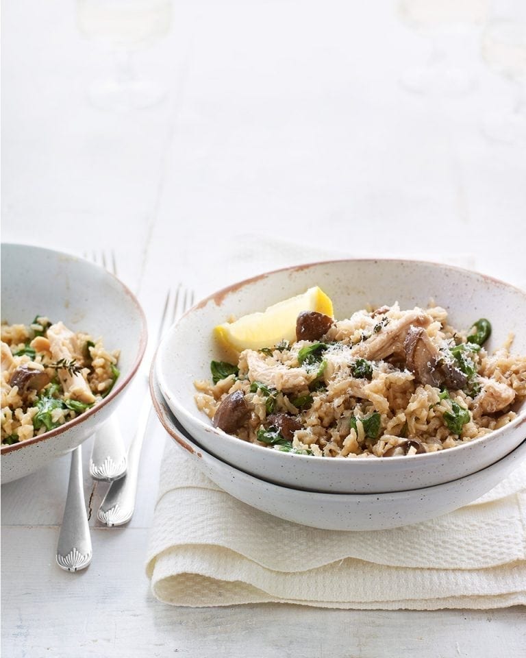 Baked chicken, mushroom and thyme brown rice risotto recipe delicious