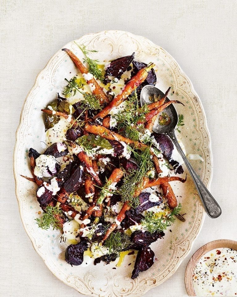 Roast carrot, beetroot and marjoram salad with fennel seed and yogurt dressing