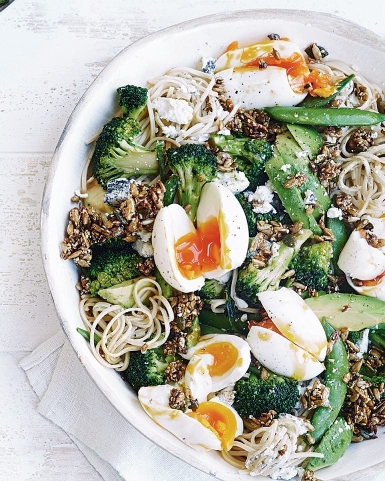 Goat’s cheese and soft-boiled egg noodle salad