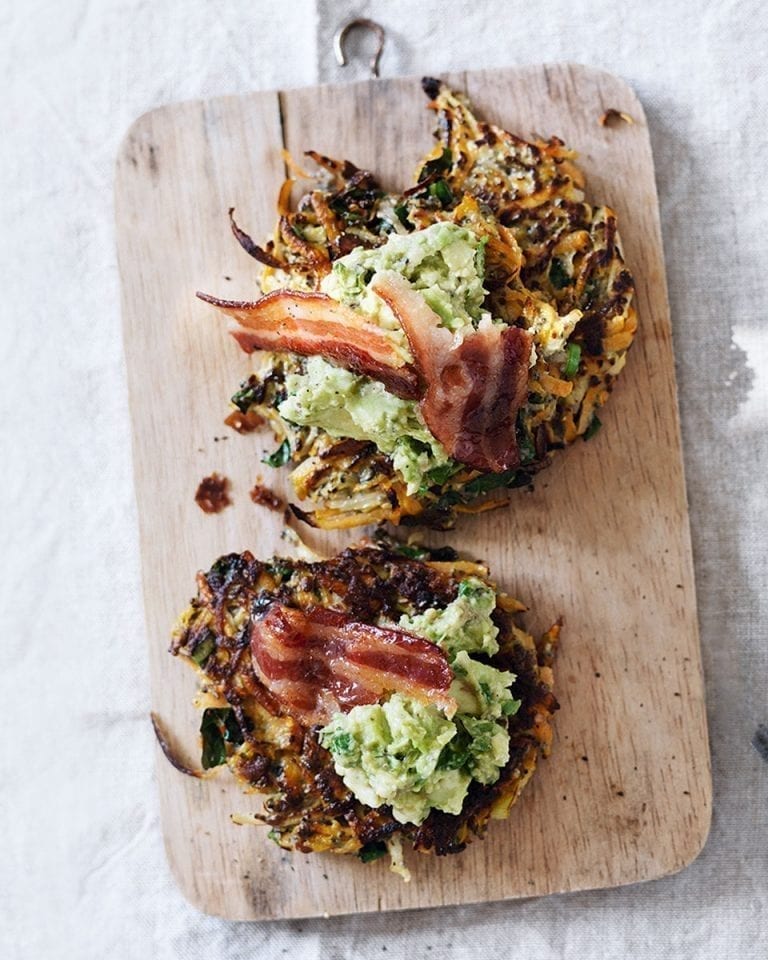 Kohlrabi and sweet potato rösti with maple bacon and lime avocado