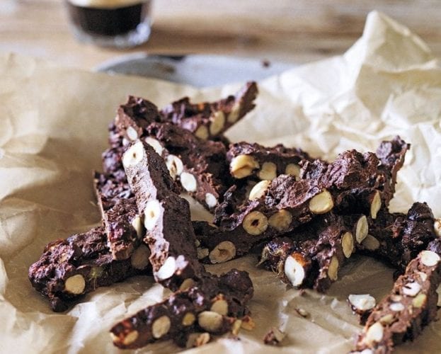 Dark chocolate bark with sea salt, rosemary, pistachios and candied citrus