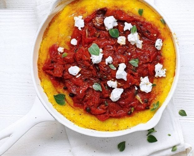 Cheesy baked polenta with grilled cherry tomato sauce