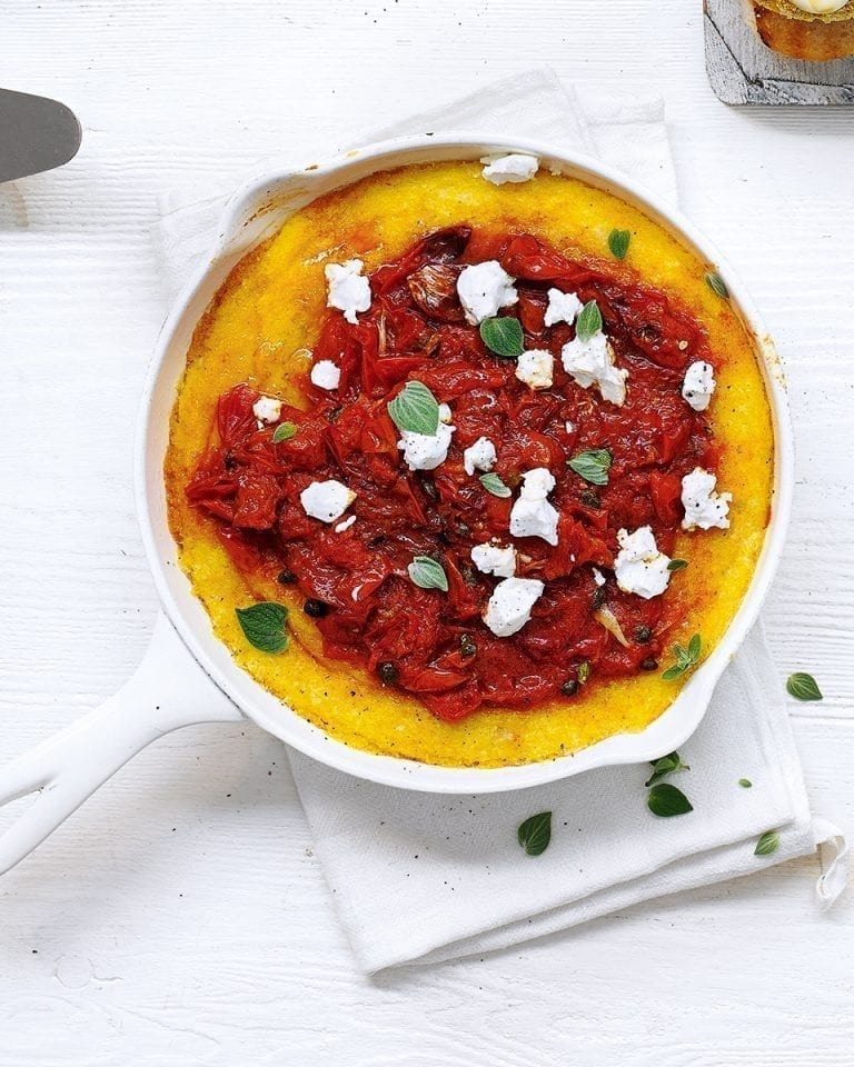 Cheesy baked polenta with grilled cherry tomato sauce