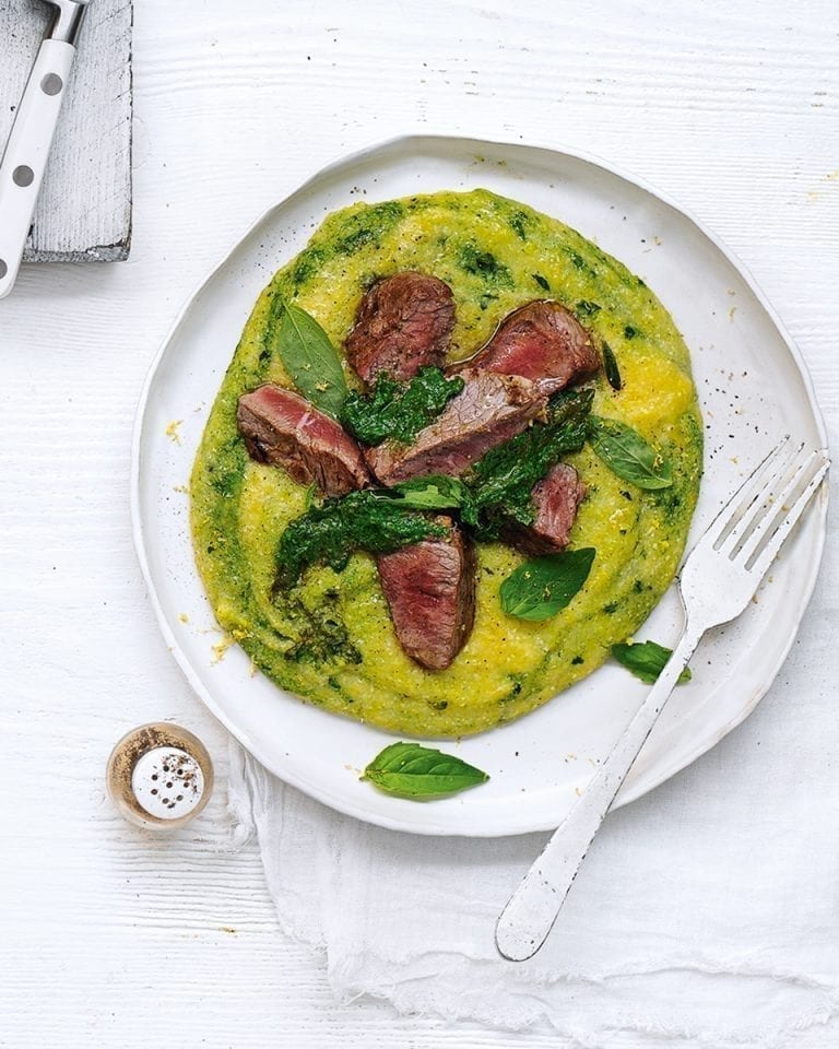 Lamb steaks with garlic, basil and spinach polenta