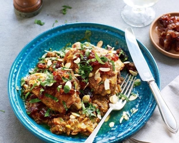 Chicken in an almond sauce with a sweet date salsa