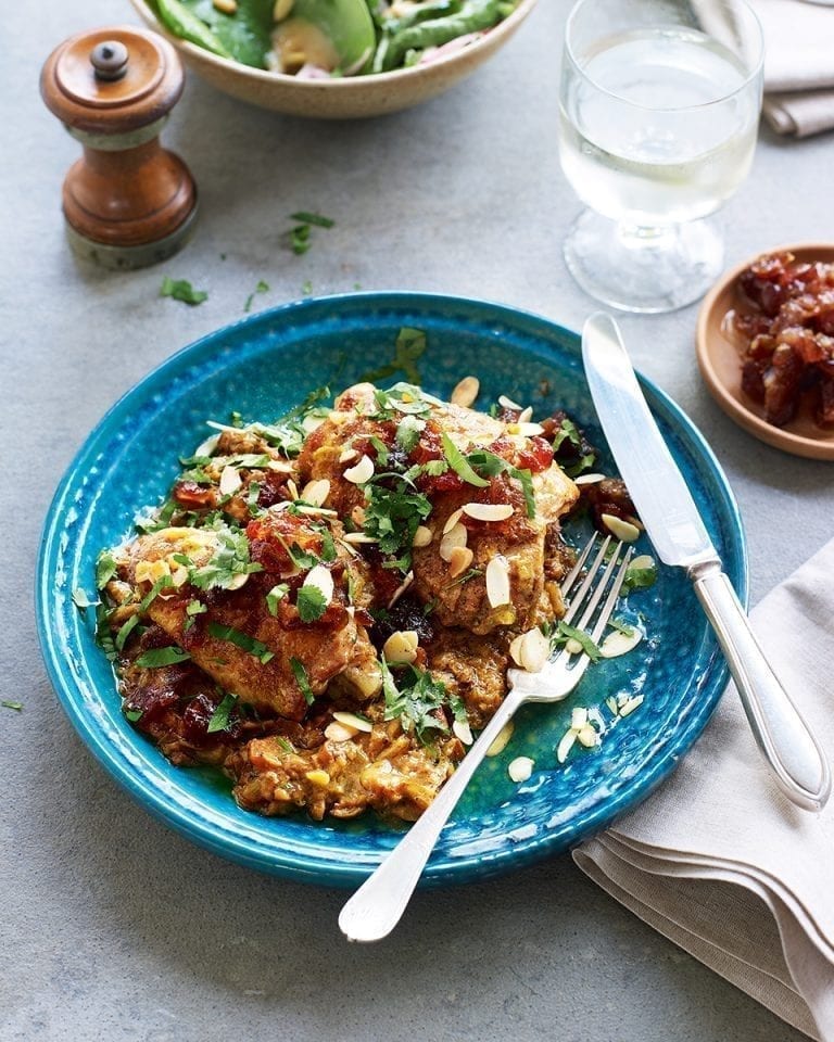 Chicken in an almond sauce with a sweet date salsa