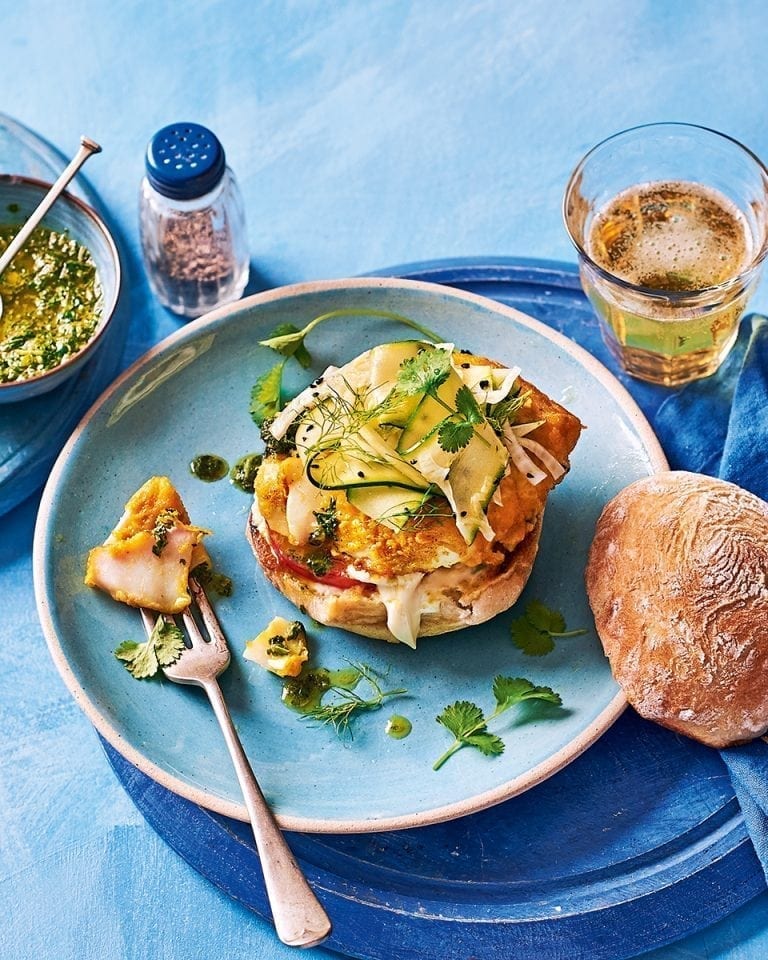 Turmeric cod burgers with coriander chutney recipe delicious. magazine