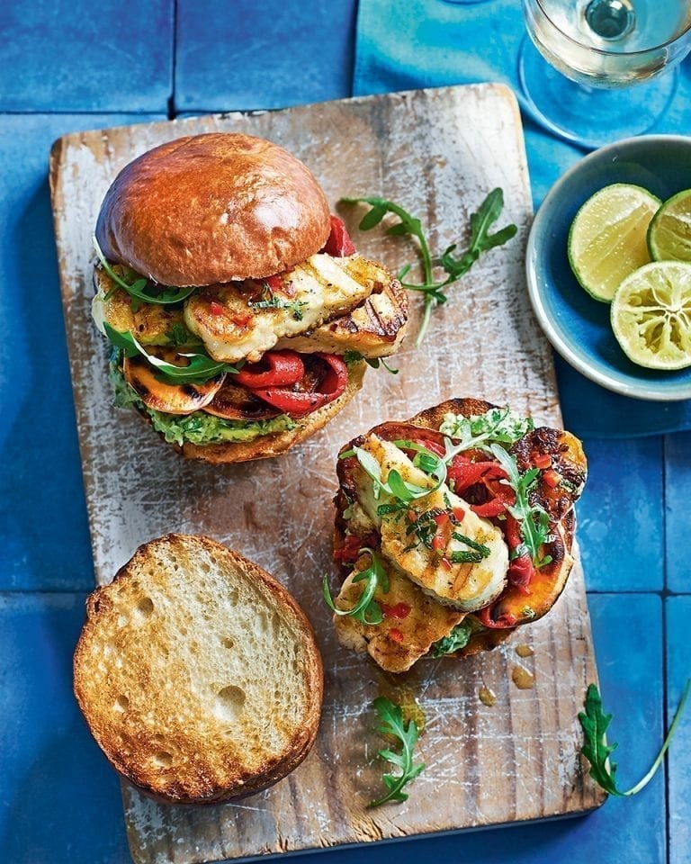 Halloumi and sweet potato burgers with chilli, mint and mashed avocado