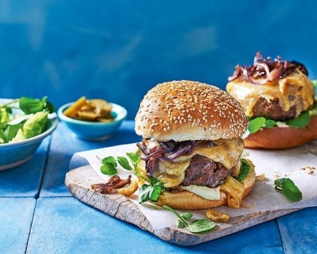 Green olive cheeseburgers with slow-cooked onions